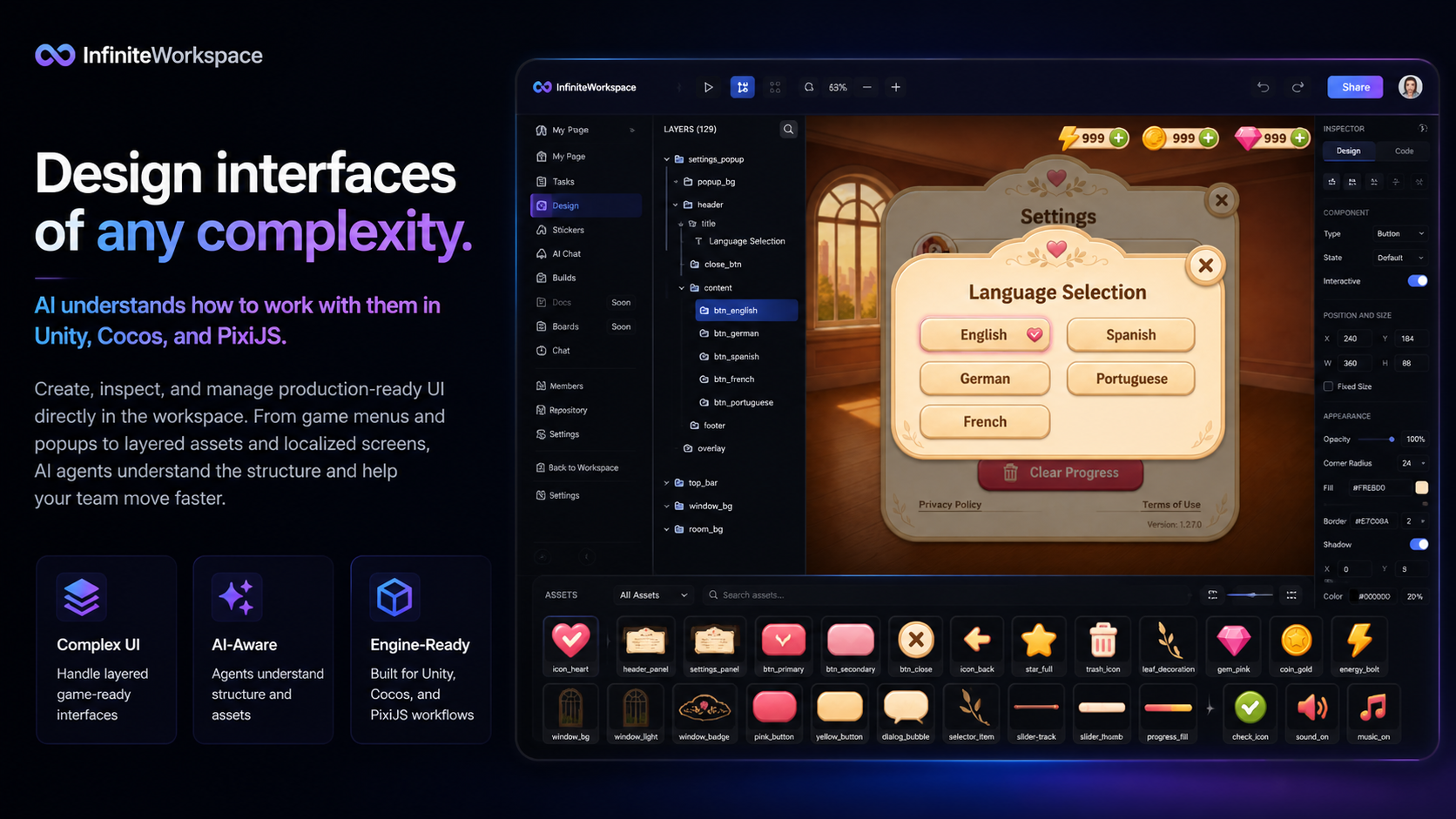 Design canvas with Settings popup, palette, and Unity-style assets