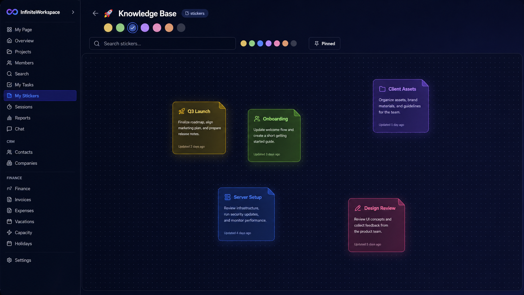 Knowledge Base with sticky-note style cards, color tags, and pinning
